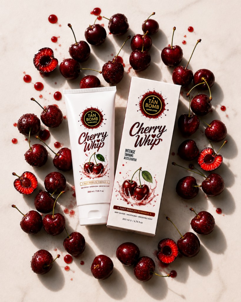 Cherry Whip tube and box with fresh cherries on marble