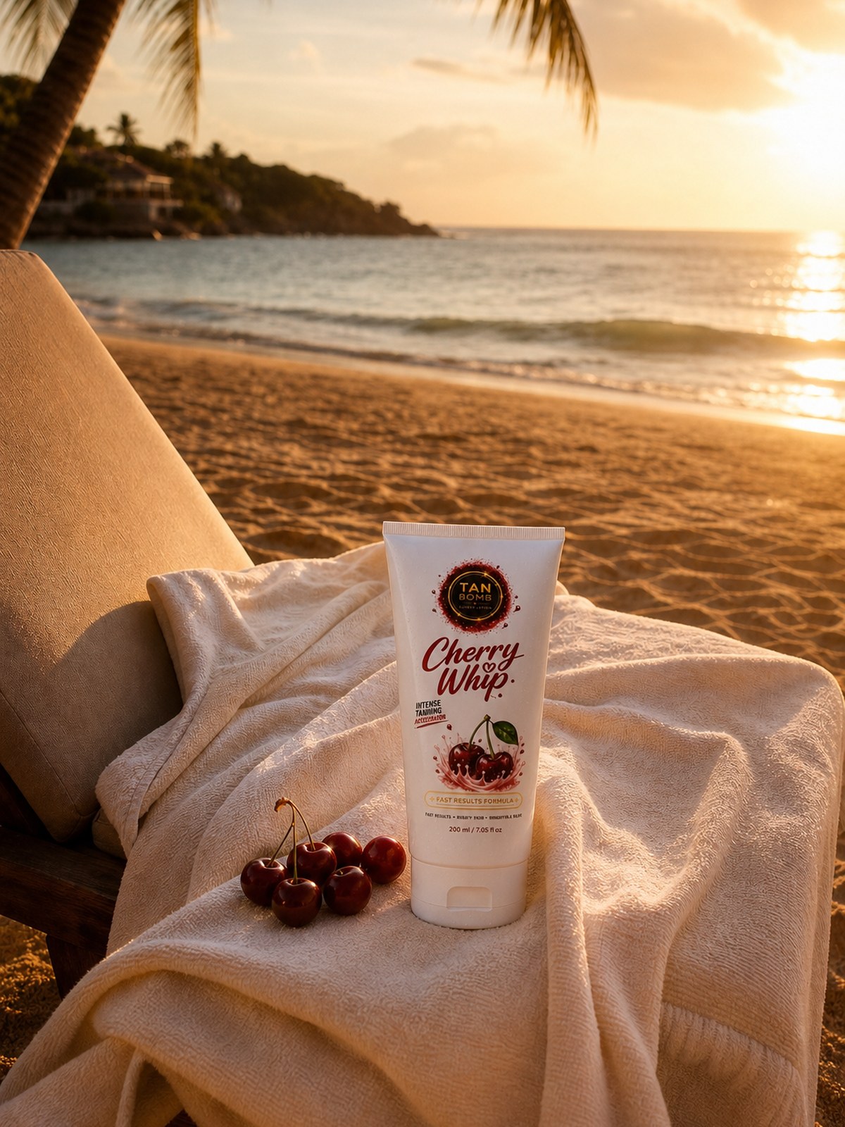 Beach lounge setup with lotion and cherries at golden hour